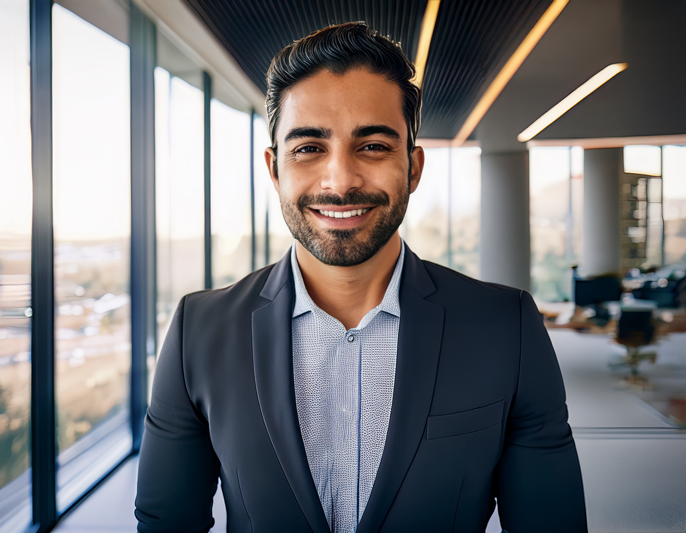 Portrait eines Mannes in einem professionellen Business-Outfit, mit einem Büroambiente im Hintergrund