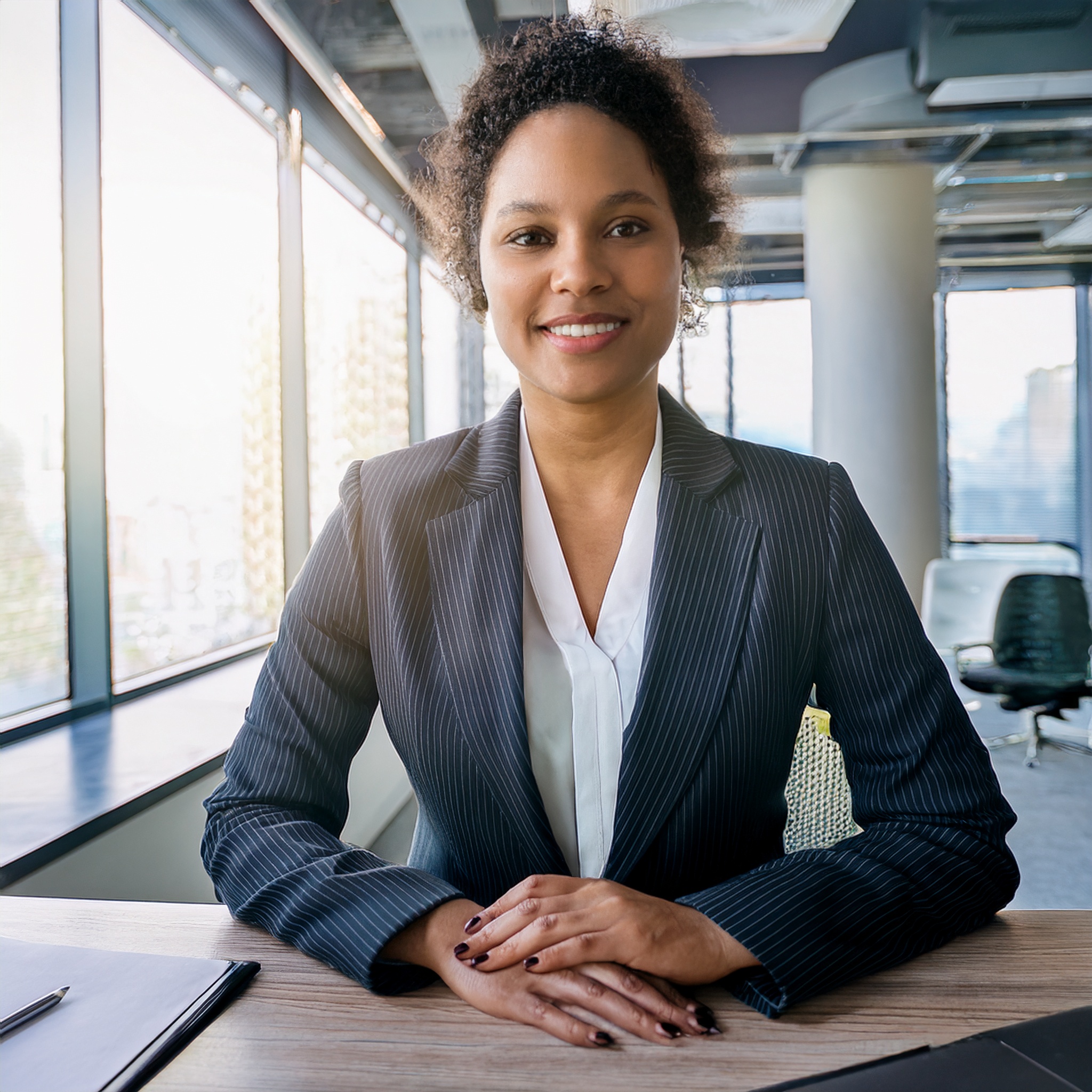 Portrait einer Frau mit freundlichem Lächeln, moderne Büroeinrichtung im Hintergrund